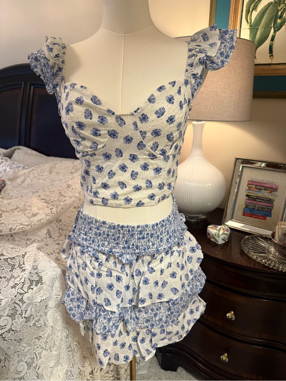 Blue Floral Smocked Ruffle Two Piece Top & Skirt Set - Women